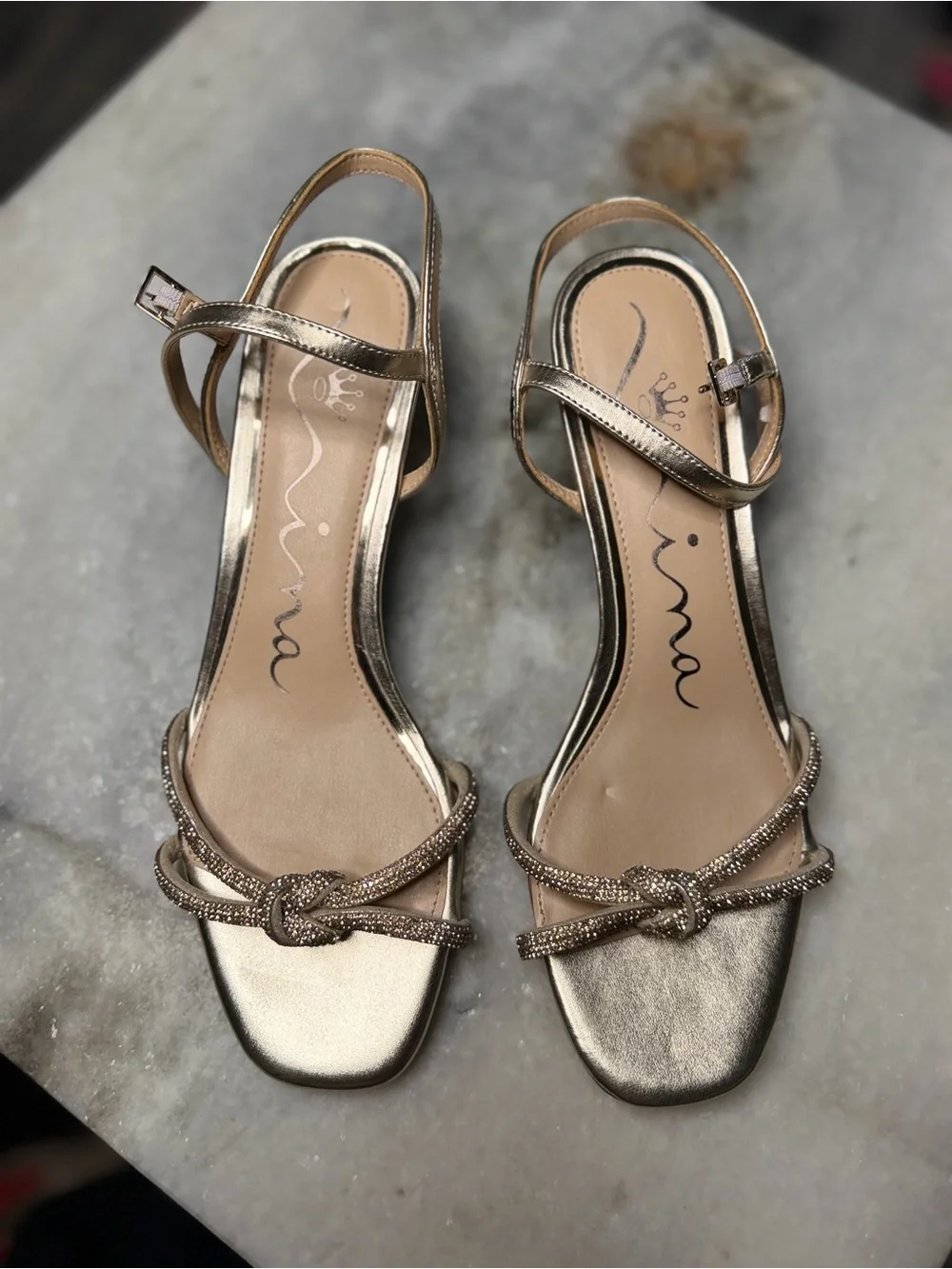 Nina Shoes Gold Rhinestone Knot Wedge Sandals